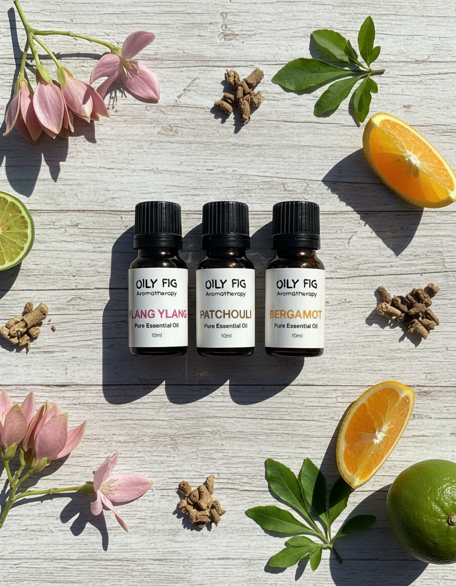 set of 3 essential oils on linen cloth