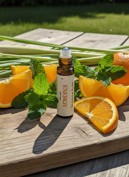 Bottle labeled 'Energy' roller blend with oranges and mint leaves on a wooden surface