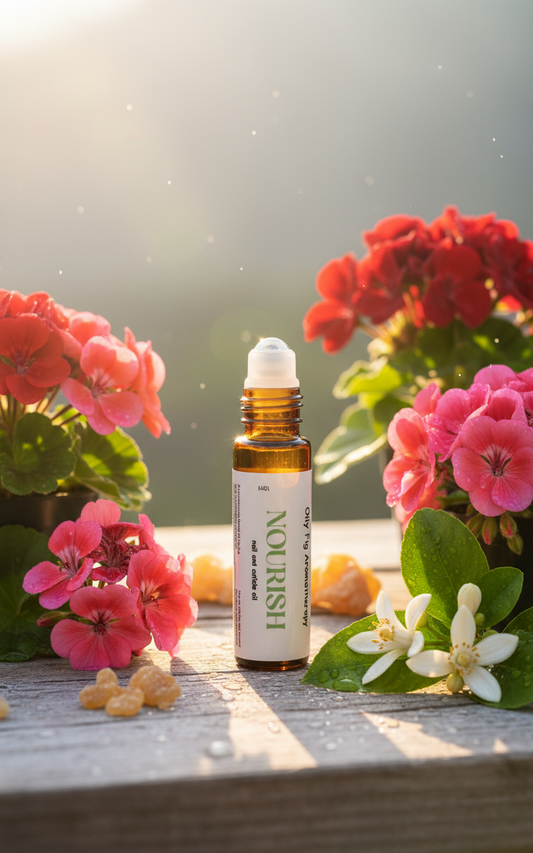 Bottle of nail and cuticle oil with flowers and plants in the background