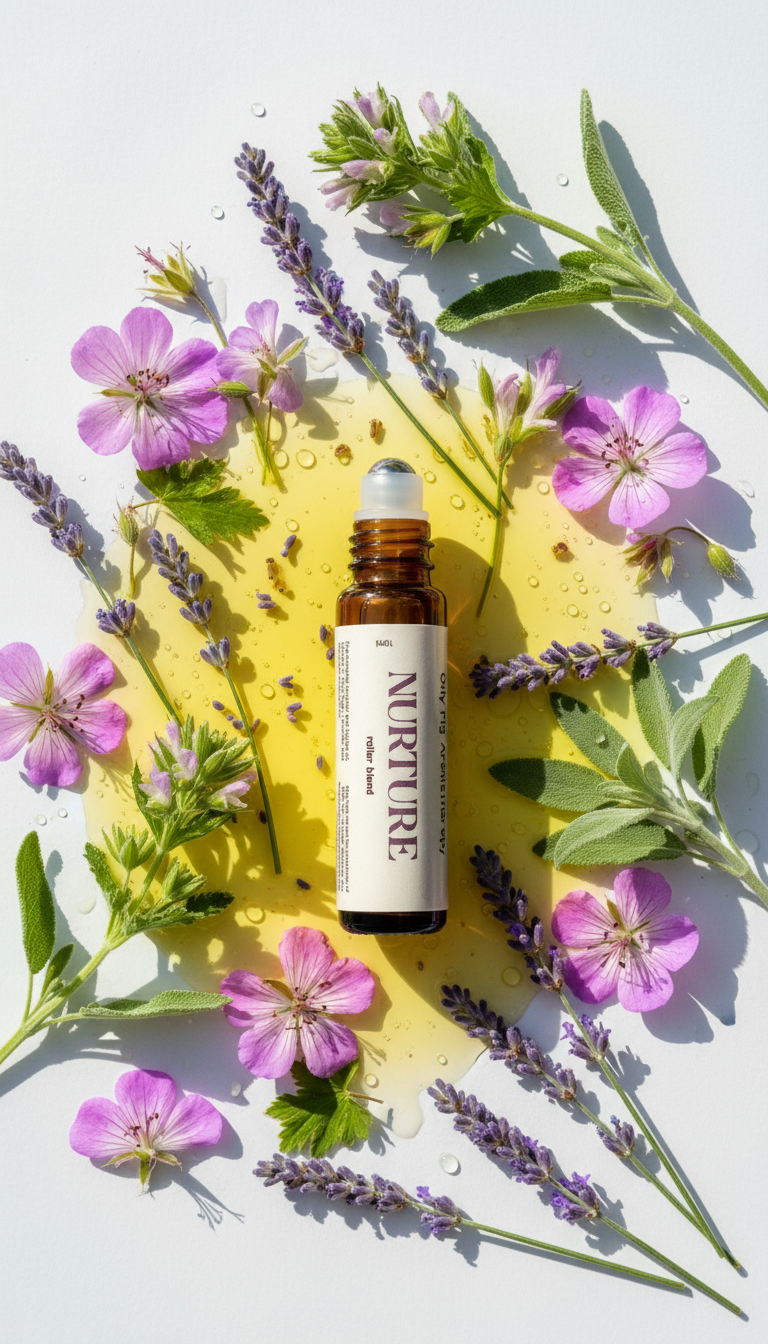 Roller  bottle labeled 'Nurture' surrounded by flowers on a light background