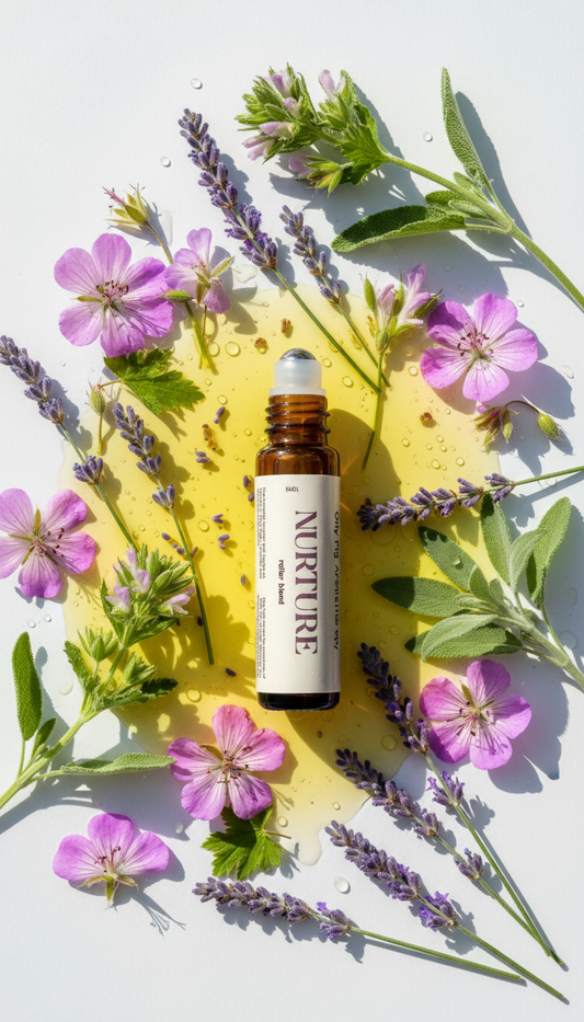 Roller  bottle labeled 'Nurture' surrounded by flowers on a light background