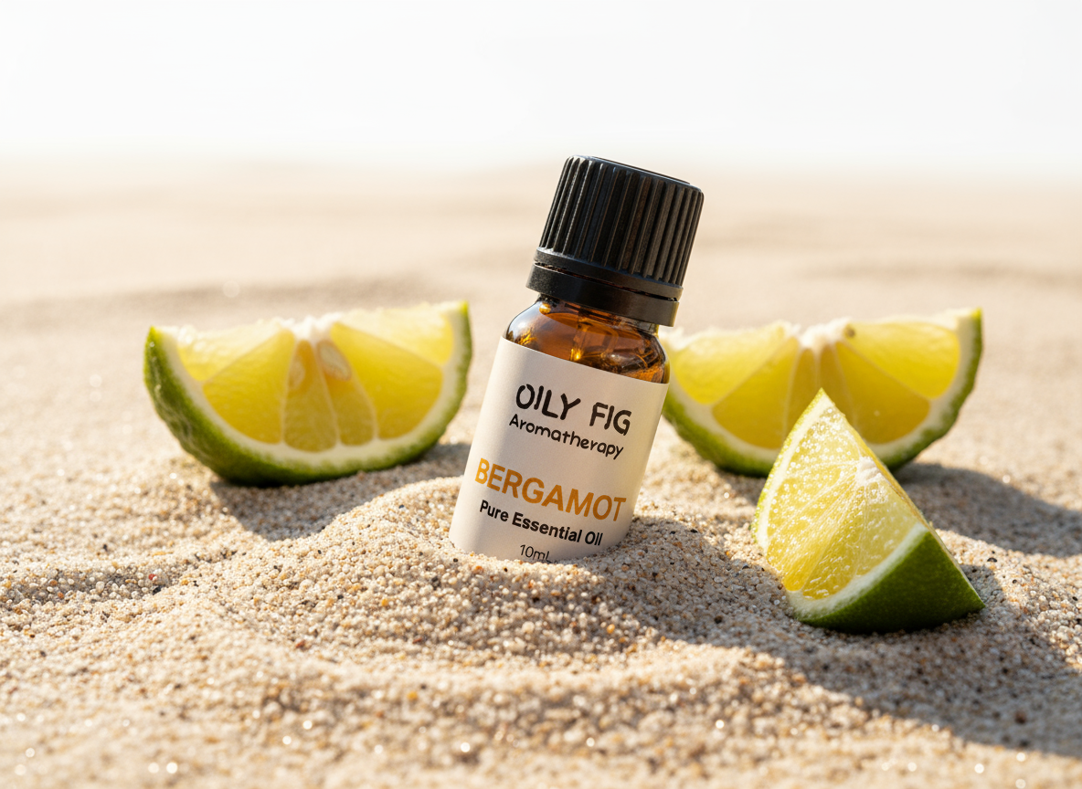 Oily fig Bergamot sitting in sand surrounded by bergamot slices
