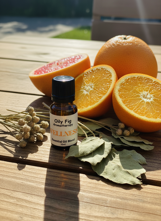 essential oil bottle surrounded by citrus slices