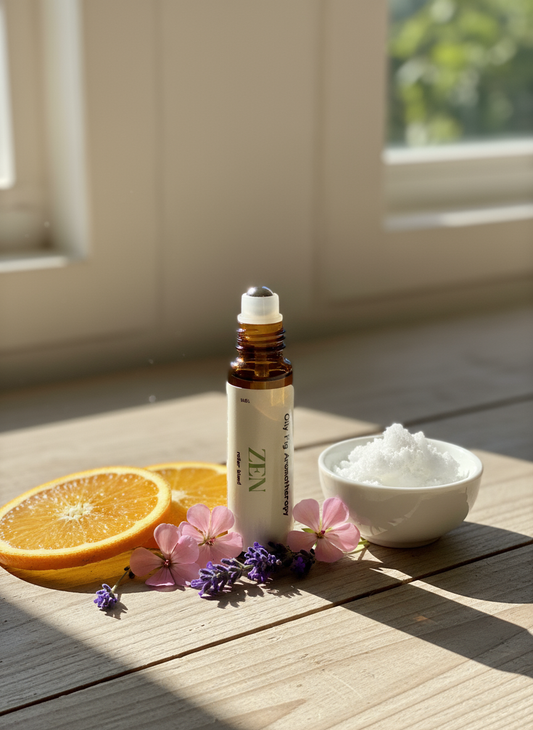 roller bottle  labeled 'ZEN' with a white container and sliced orange on a wooden surface.