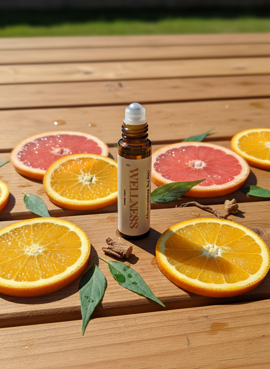 Essential oil roller bottle with citrus fruits on a wooden surface